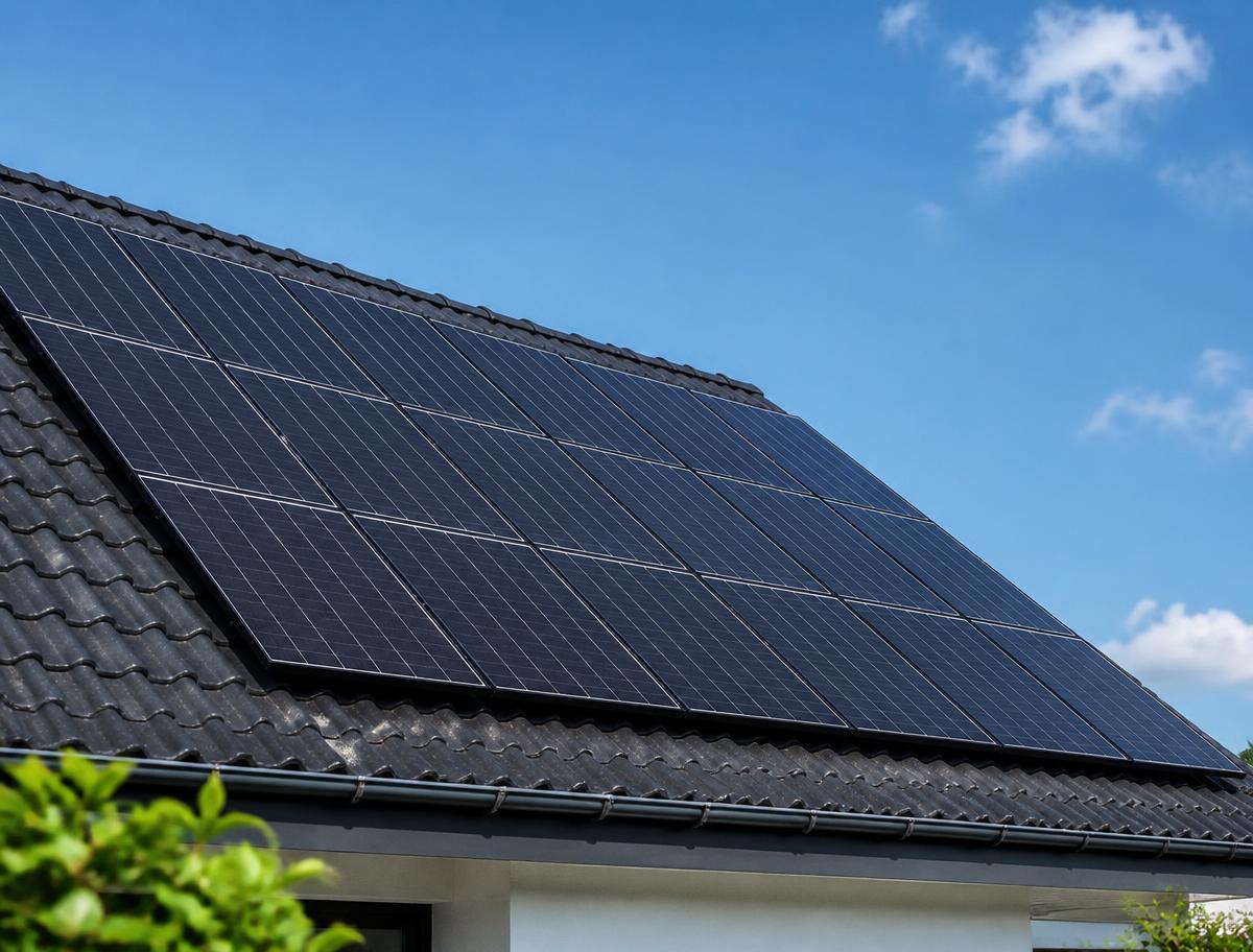 Zwarte zonnepanelen op een pannendak